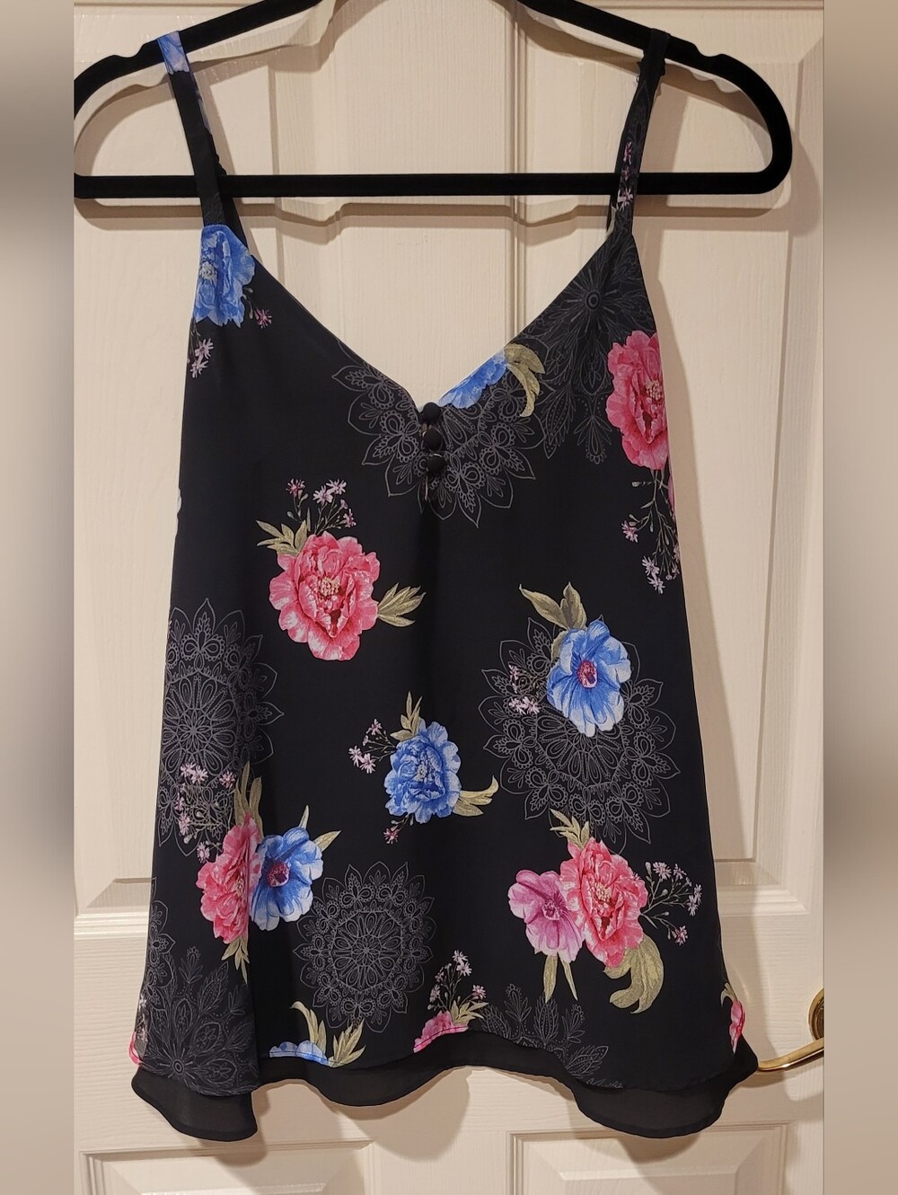 torrid Black Floral V-Neck Tank with Pink and Blue Blooms